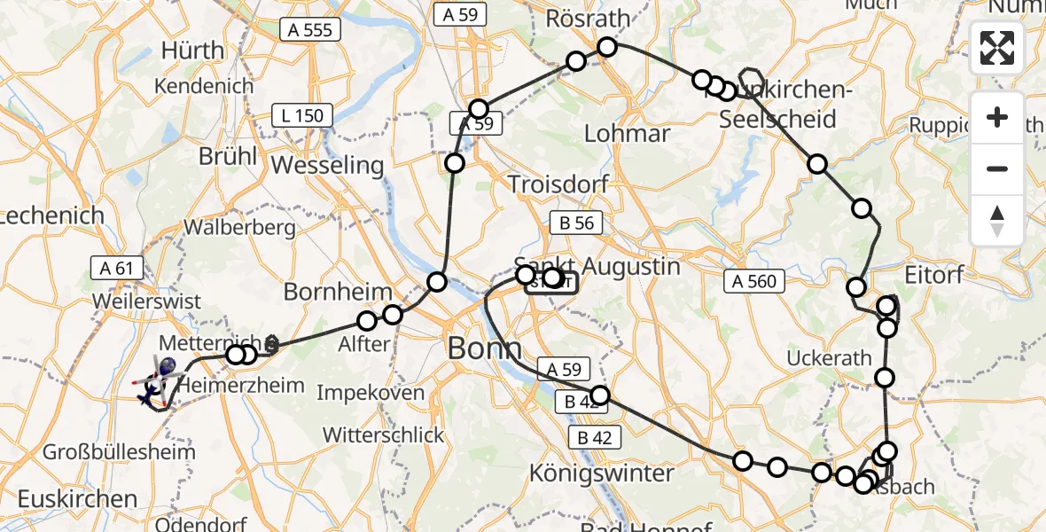 Flugroute Polizeihubschrauber Sankt Augustin - Weilerswist UL, 22 Juni 2026, 10:08