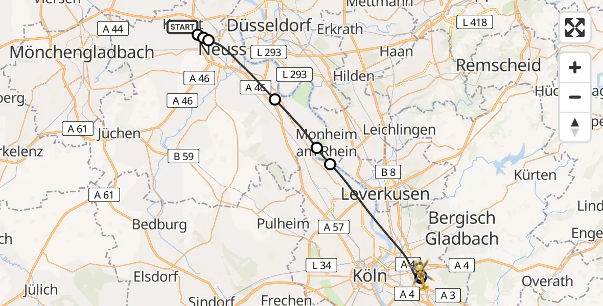 Flugroute Rettungshubschrauber Kaarst - Merheim Hospital, 22 Juni 2026, 10:08