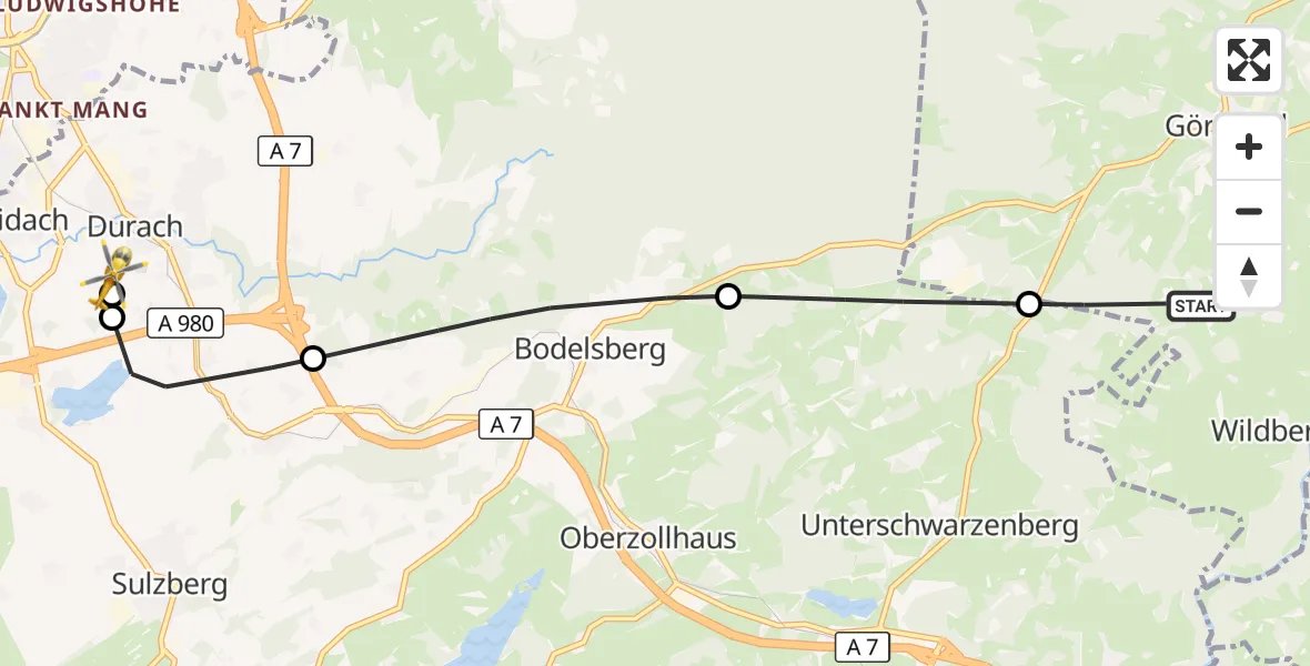 Flugroute Rettungshubschrauber Görisried - Kempten-Durach Flugplatz, 22 Juni 2026, 10:09