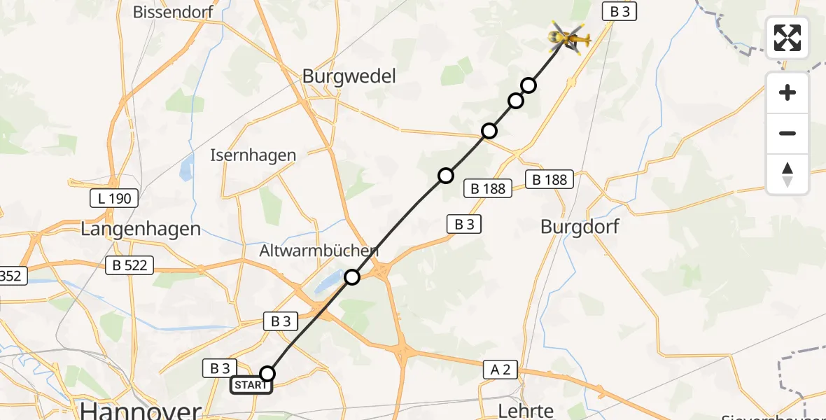 Flugroute Rettungshubschrauber Hannover Luftrettung Hubschrauberlandeplatz (Christoph 4) - Burgdorf, 22 Juni 2026, 10:13