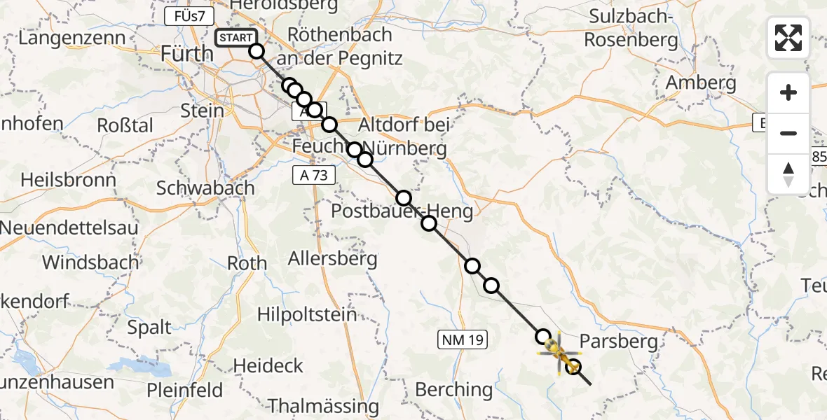 Flugroute Rettungshubschrauber Flughafen Nuremberg - Seubersdorf i.d.OPf., 22 Juni 2026, 10:16