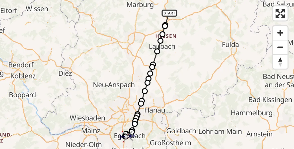 Flugroute Polizeihubschrauber Homberg (Ohm) - Flughafen Frankfurt-Egelsbach, 22 Juni 2026, 10:21