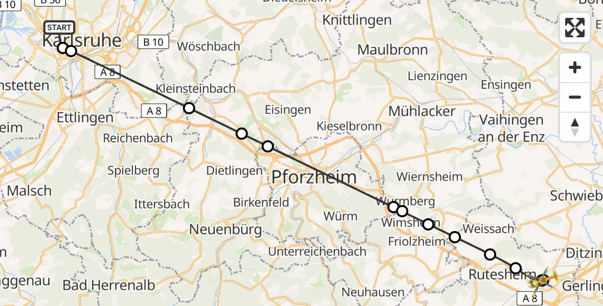Flugroute Rettungshubschrauber Karlsruhe - Leonberg Hospital, 22 Juni 2026, 10:22