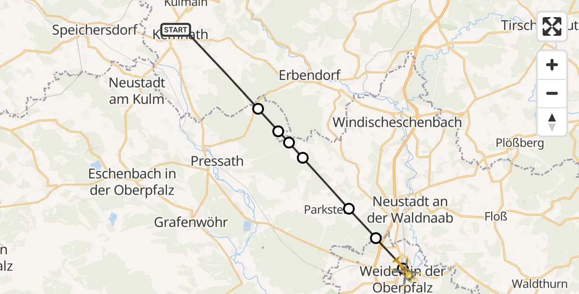 Flugroute Rettungshubschrauber Kemnath - Weiden Hospital, 22 Juni 2026, 10:23
