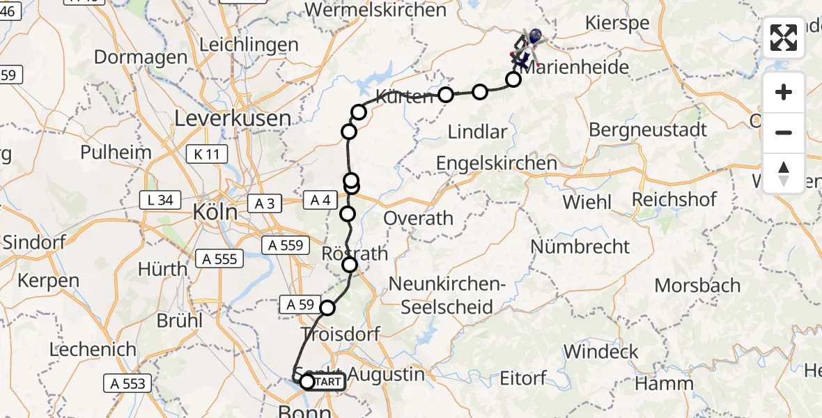 Flugroute Polizeihubschrauber Bonn - Wipperfürth, 22 Juni 2026, 10:29