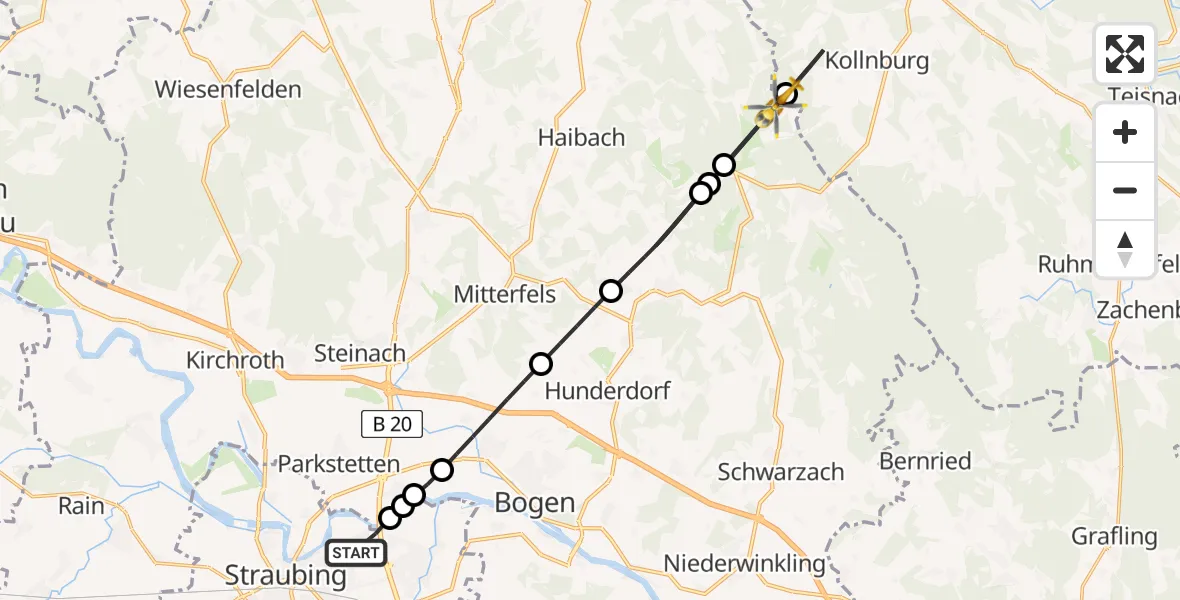 Flugroute Rettungshubschrauber Straubing - Sankt Englmar, 22 Juni 2026, 10:30