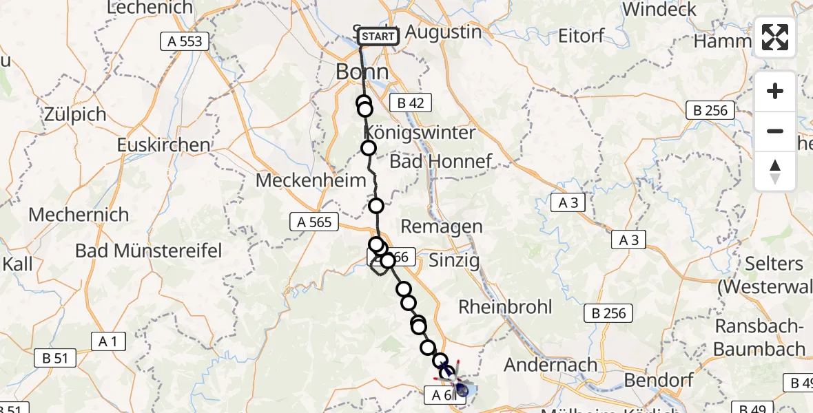 Flugroute Polizeihubschrauber Bonn - Glees, 22 Juni 2026, 10:31