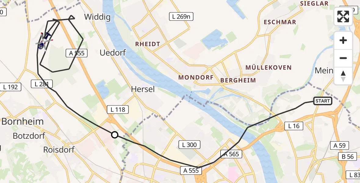 Flugroute Polizeihubschrauber Bonn - Bornheim, 22 Juni 2026, 10:32