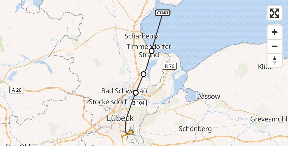 Flugroute Ambulanzhubschrauber Neustadt in Holstein - Lübeck, 22 Juni 2026, 10:35