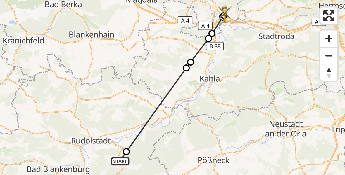 Flugroute Ambulanzhubschrauber Unterwellenborn - Jena University Hospital, 22 Juni 2026, 10:35