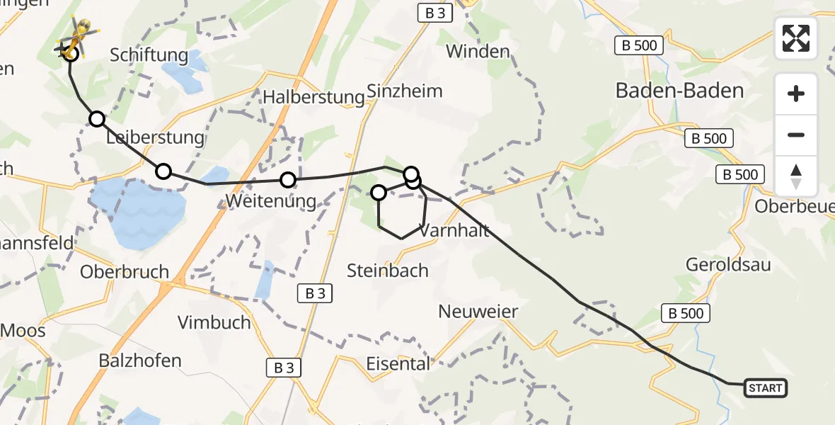 Flugroute Rettungshubschrauber Baden-Baden - Karlsruhe Baden-Baden Flughafen, 22 Juni 2026, 10:37