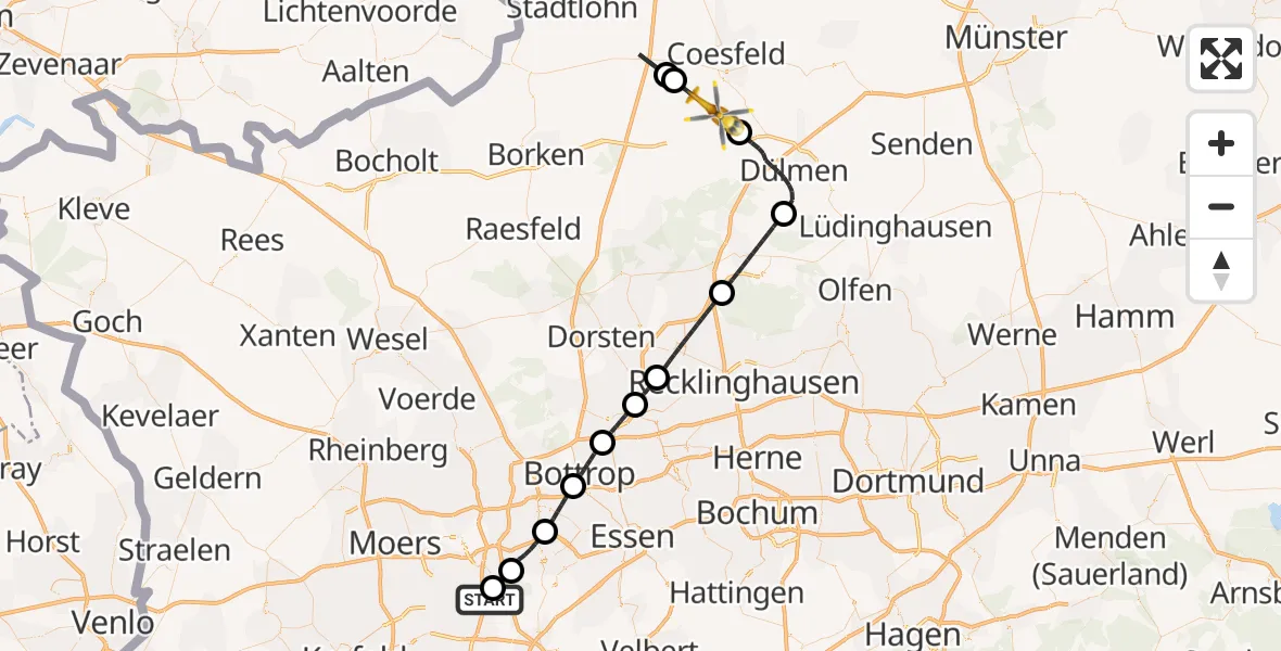 Flugroute Ambulanzhubschrauber Sana Clinic Duisburg Hubschrauberlandeplatz - Coesfeld, 22 Juni 2026, 10:41