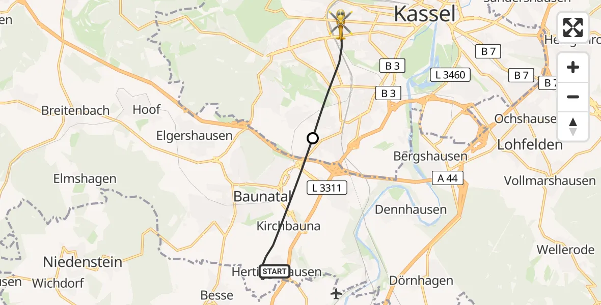 Flugroute Rettungshubschrauber Baunatal - Kassel, 22 Juni 2026, 10:42