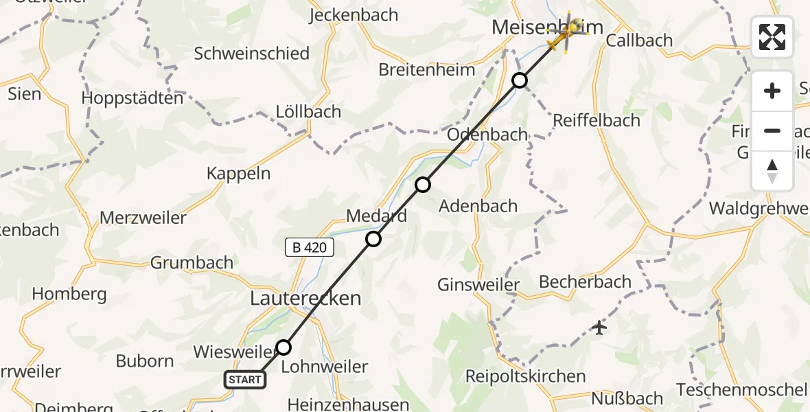 Flugroute Rettungshubschrauber Wiesweiler - Meisenheim, 22 Juni 2026, 10:43