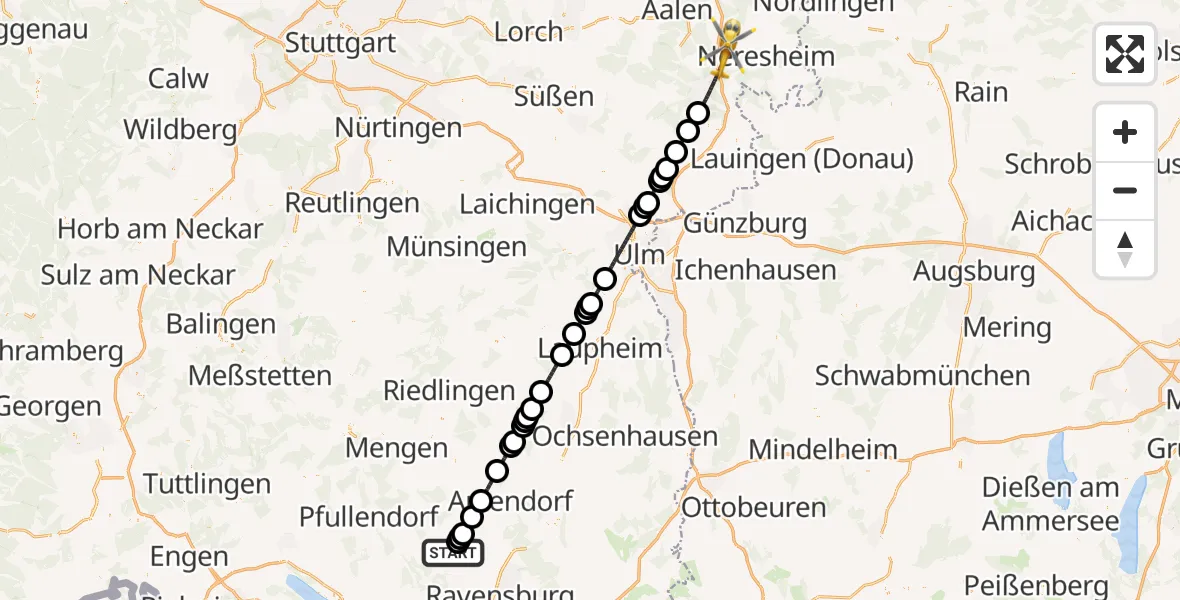 Flugroute Rettungshubschrauber Fronreute - Heidenheim an der Brenz, 22 Juni 2026, 10:47