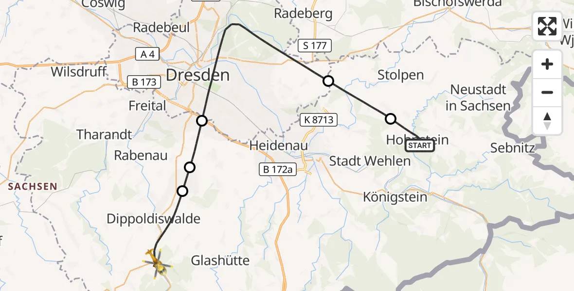 Flugroute Rettungshubschrauber Hohnstein - Dippoldiswalde, 22 Juni 2026, 10:47