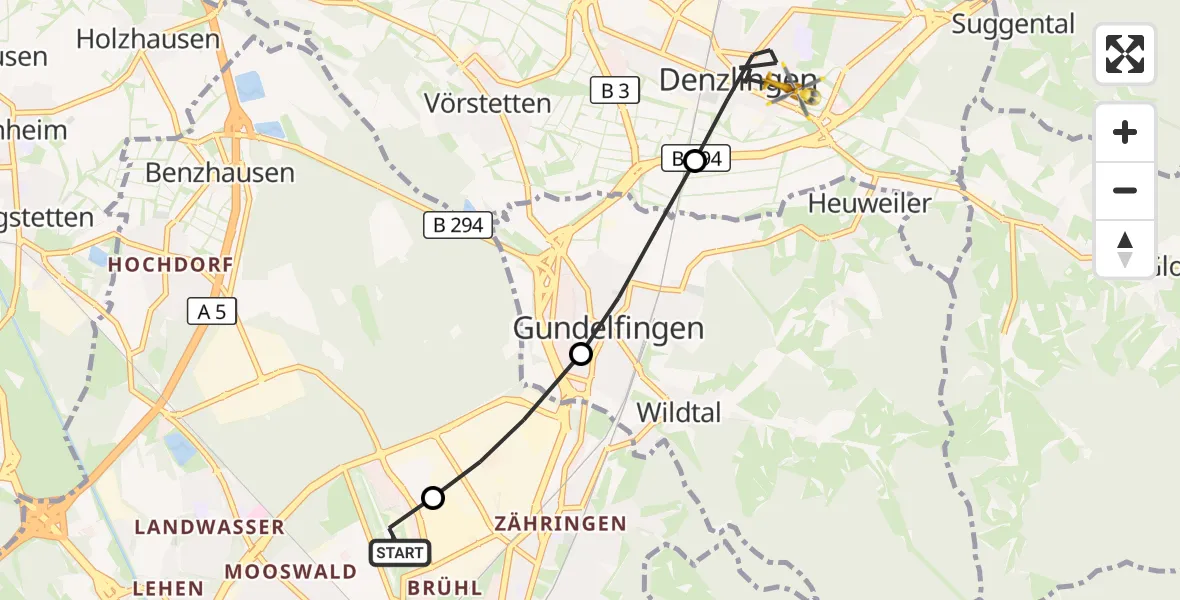 Flugroute Ambulanzhubschrauber Freiburg im Breisgau Flugplatz - Denzlingen, 22 Juni 2026, 10:51