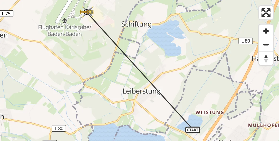 Flugroute Rettungshubschrauber Bühl - Karlsruhe Baden-Baden Flughafen, 22 Juni 2026, 10:51