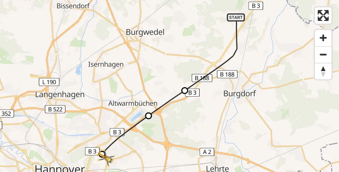 Flugroute Rettungshubschrauber Burgdorf - Hannover Luftrettung Hubschrauberlandeplatz (Christoph 4), 22 Juni 2026, 10:54