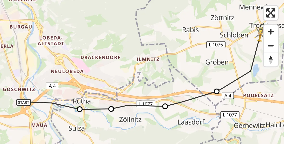 Flugroute Rettungshubschrauber Jena - Schlöben, 22 Juni 2026, 10:55