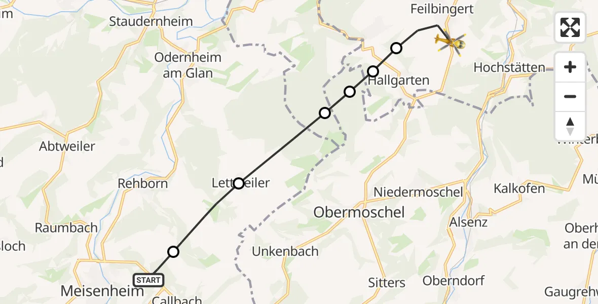 Flugroute Rettungshubschrauber Meisenheim - Feilbingert, 22 Juni 2026, 10:57