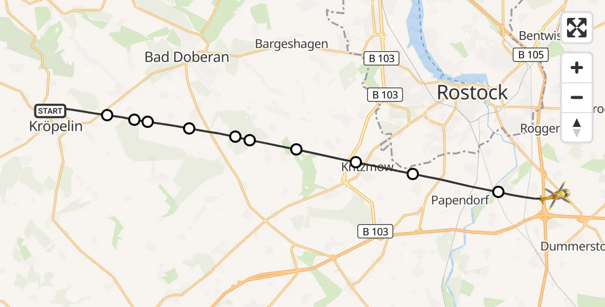 Flugroute Ambulanzhubschrauber Kröpelin - Dummerstorf, 22 Juni 2026, 10:57