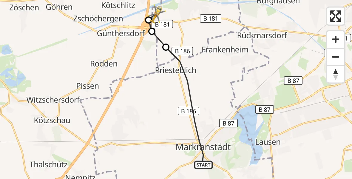 Flugroute Rettungshubschrauber Markranstädt - ADAC Air Rescue Station Leipzig/Schkeuditz-Dölzig Hubschrauberlandeplatz (Christoph 61), 22 Juni 2026, 11:00
