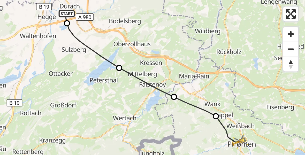 Flugroute Rettungshubschrauber Kempten-Durach Flugplatz - Pfronten, 22 Juni 2026, 11:01