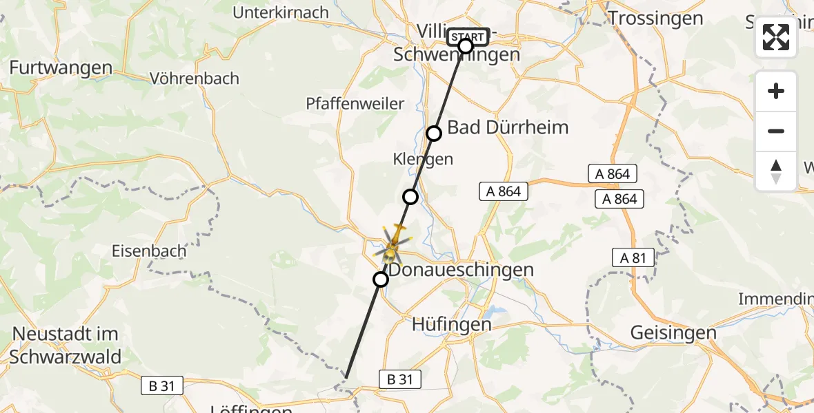Flugroute Ambulanzhubschrauber DRF Air Rescue Station Villingen-Schwenningen Hubschrauberlandeplatz (Christoph 11) - Donaueschingen, 22 Juni 2026, 11:02