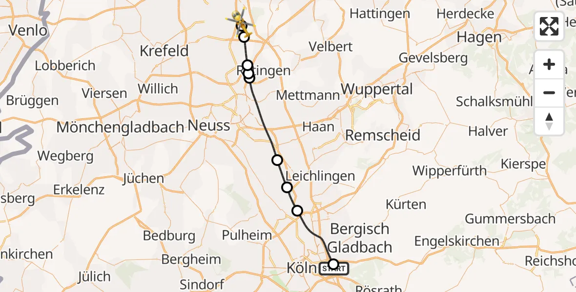 Flugroute Rettungshubschrauber Merheim Hospital - Duisburg Air Rescue Hubschrauberlandeplatz (Christoph 9), 22 Juni 2026, 11:03