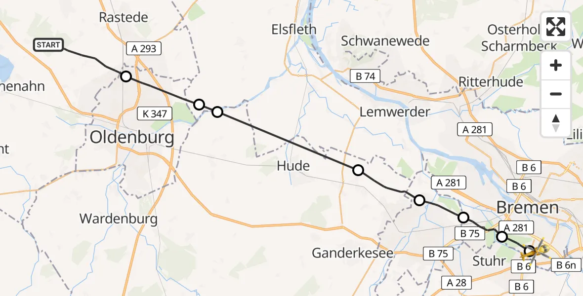 Flugroute Rettungshubschrauber Wiefelstede - ADAC Air Rescue Station Bremen Hubschrauberlandeplatz (Christoph 6), 22 Juni 2026, 11:04