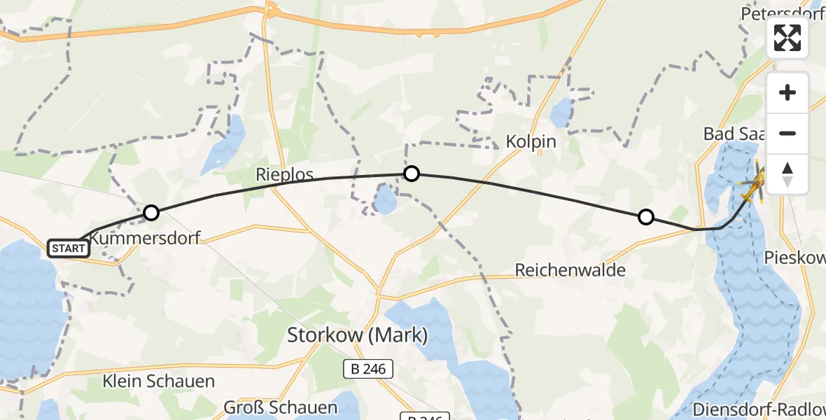 Flugroute Rettungshubschrauber Heidesee - Bad Saarow Hospital Hubschrauberlandeplatz, 22 Juni 2026, 11:05