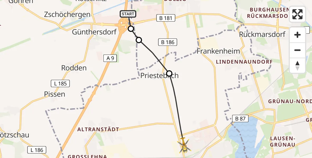 Flugroute Rettungshubschrauber ADAC Air Rescue Station Leipzig/Schkeuditz-Dölzig Hubschrauberlandeplatz (Christoph 61) - Markranstädt, 22 Juni 2026, 11:06