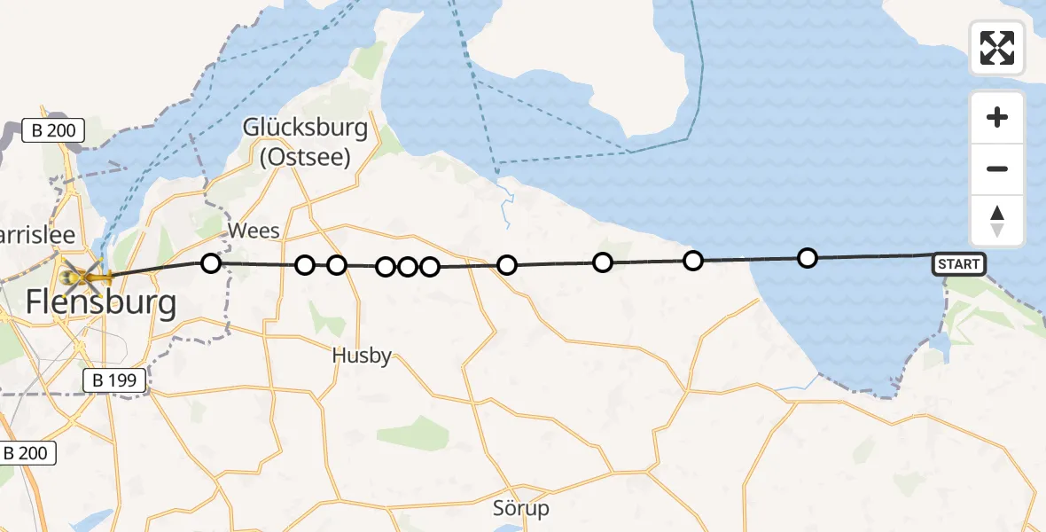 Flugroute Rettungshubschrauber Nieby - Flensburg, 22 Juni 2026, 11:07