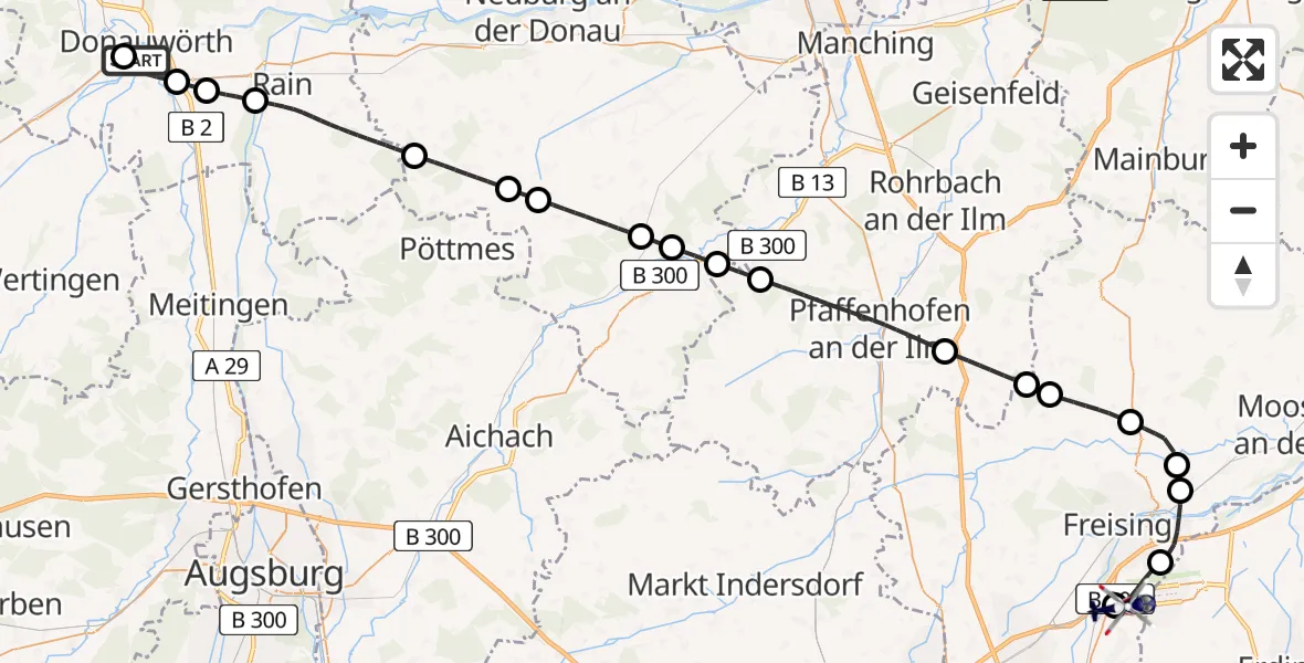 Flugroute Polizeihubschrauber Donauwörth Hubschrauberlandeplatz - München Flughafen, 22 Juni 2026, 11:08