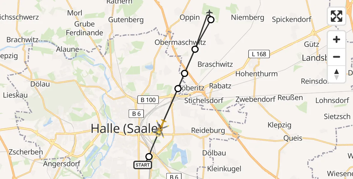 Flugroute Rettungshubschrauber BG Hospital Bergmannstrost Halle - Halle (Saale), 22 Juni 2026, 11:12
