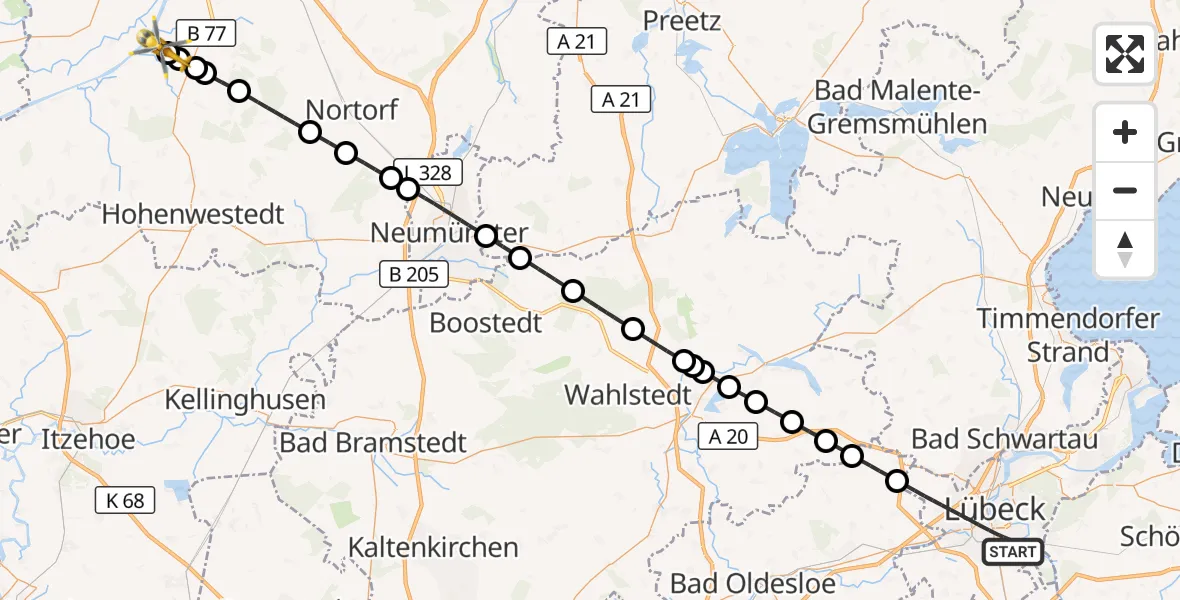 Flugroute Ambulanzhubschrauber Lübeck - Hörsten, 22 Juni 2026, 11:19