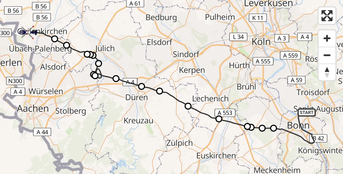 Flugroute Polizeihubschrauber Bonn - Geilenkirchen, 22 Juni 2026, 11:25