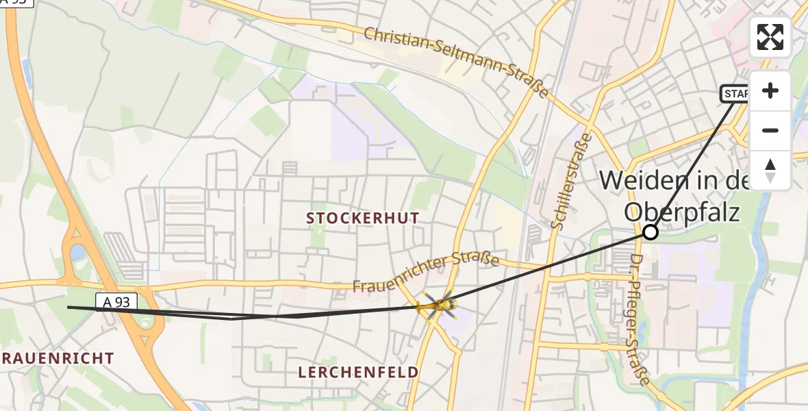 Flugroute Rettungshubschrauber Weiden Hospital - Weiden i.d.OPf., 22 Juni 2026, 11:29