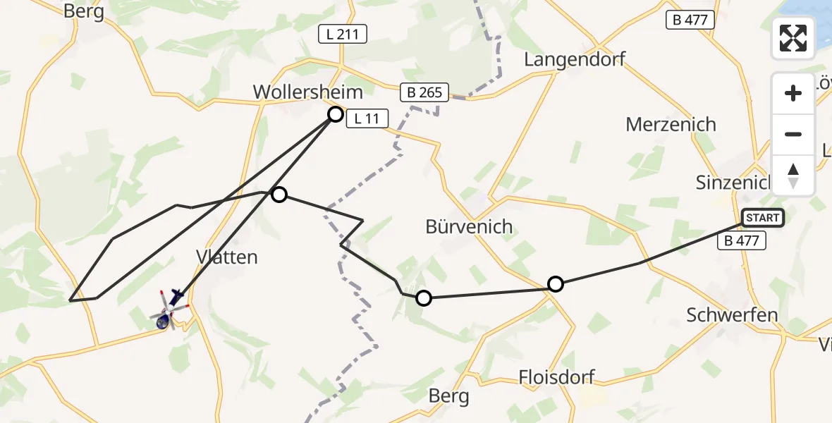 Flugroute Polizeihubschrauber Zülpich - Heimbach, 22 Juni 2026, 11:29