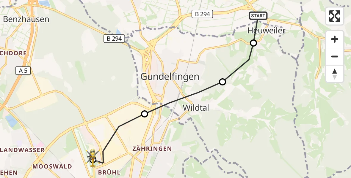 Flugroute Ambulanzhubschrauber Denzlingen - Freiburg im Breisgau Flugplatz, 22 Juni 2026, 11:30