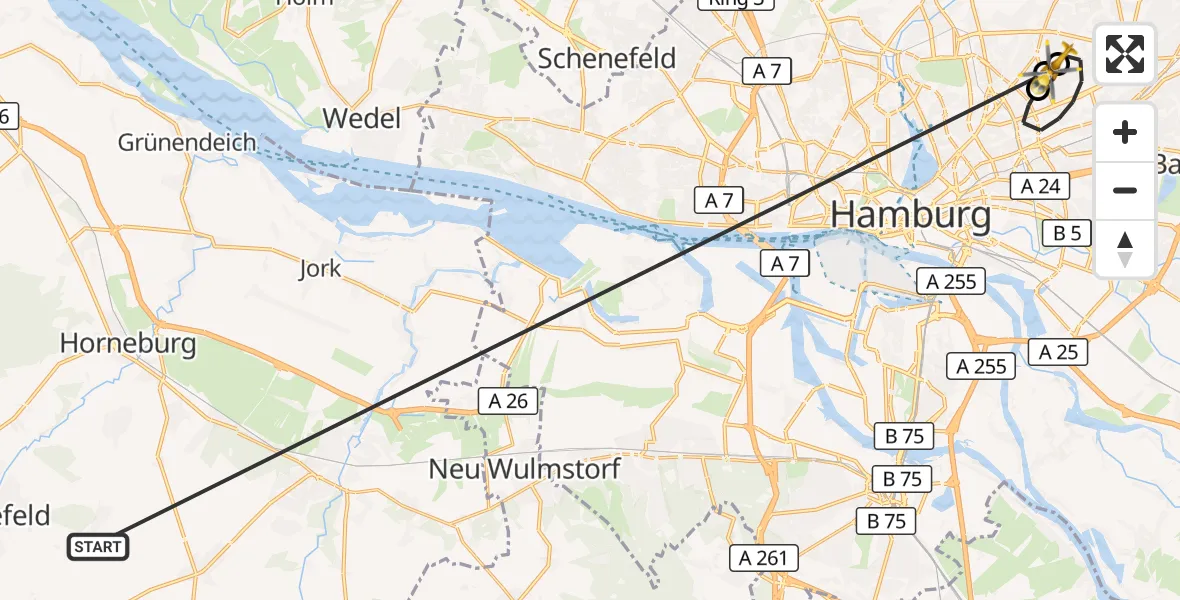 Flugroute Rettungshubschrauber Harsefeld - Hamburg Military Hospital, 22 Juni 2026, 11:32