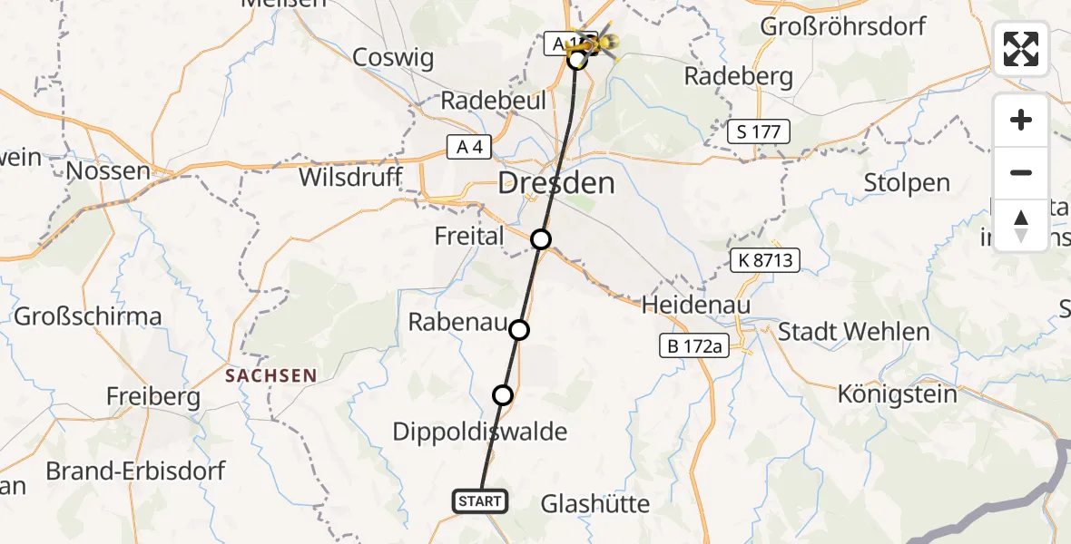 Flugroute Rettungshubschrauber Dippoldiswalde - Dresden Bundespolizei Hubschrauberlandeplatz, 22 Juni 2026, 11:38