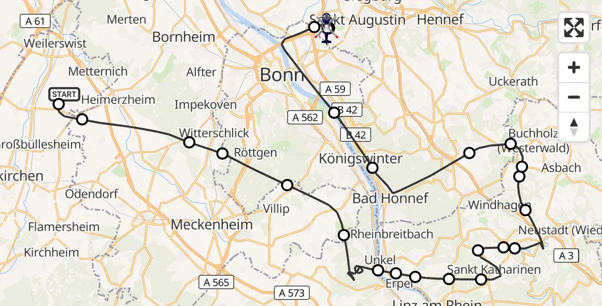 Flugroute Polizeihubschrauber Weilerswist UL - Sankt Augustin, 22 Juni 2026, 11:45