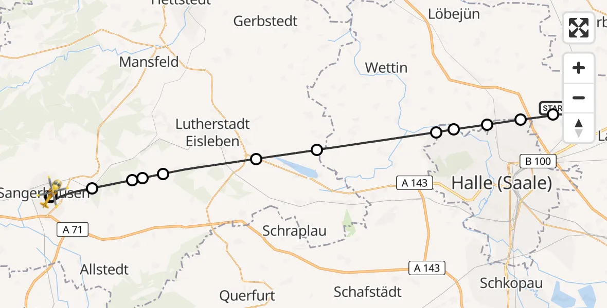 Flugroute Rettungshubschrauber Halle-Oppin Flugplatz - Helios Clinic Mansfeld-Südharz, 22 Juni 2026, 11:52