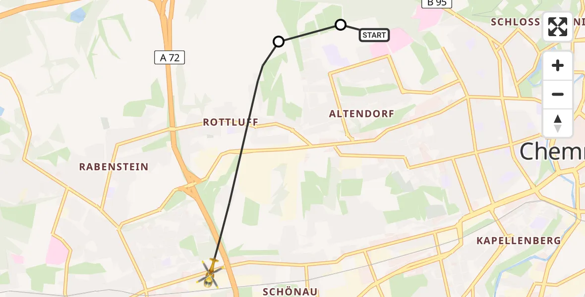 Flugroute Rettungshubschrauber Flemmingstraße Hospital Ground - Chemnitz, 22 Juni 2026, 11:56