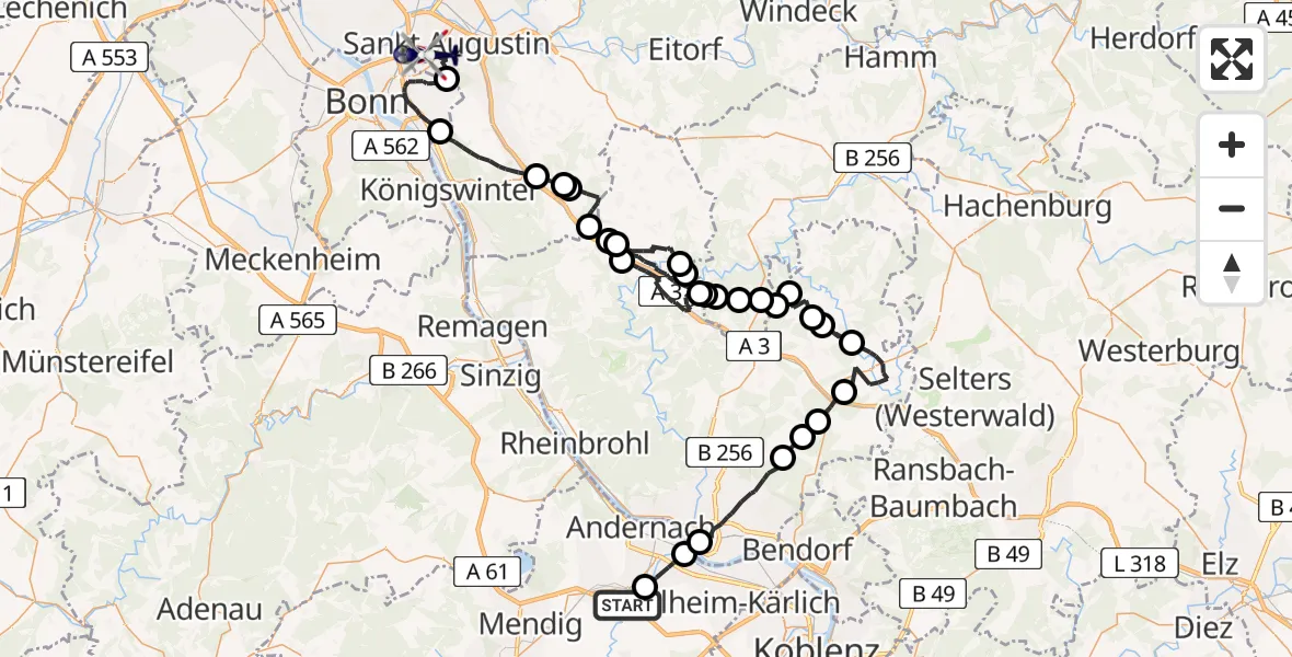 Flugroute Polizeihubschrauber Plaidt - Bonn-Hangelar Flugplatz, 22 Juni 2026, 11:59