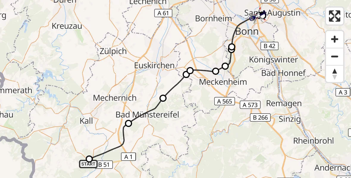 Flugroute Polizeihubschrauber Hellenthal - Sankt Augustin, 22 Juni 2026, 12:00