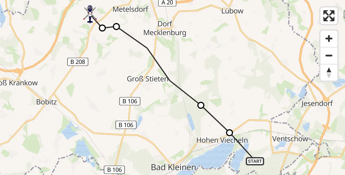 Flugroute Polizeihubschrauber Ventschow - Metelsdorf, 22 Juni 2026, 12:00
