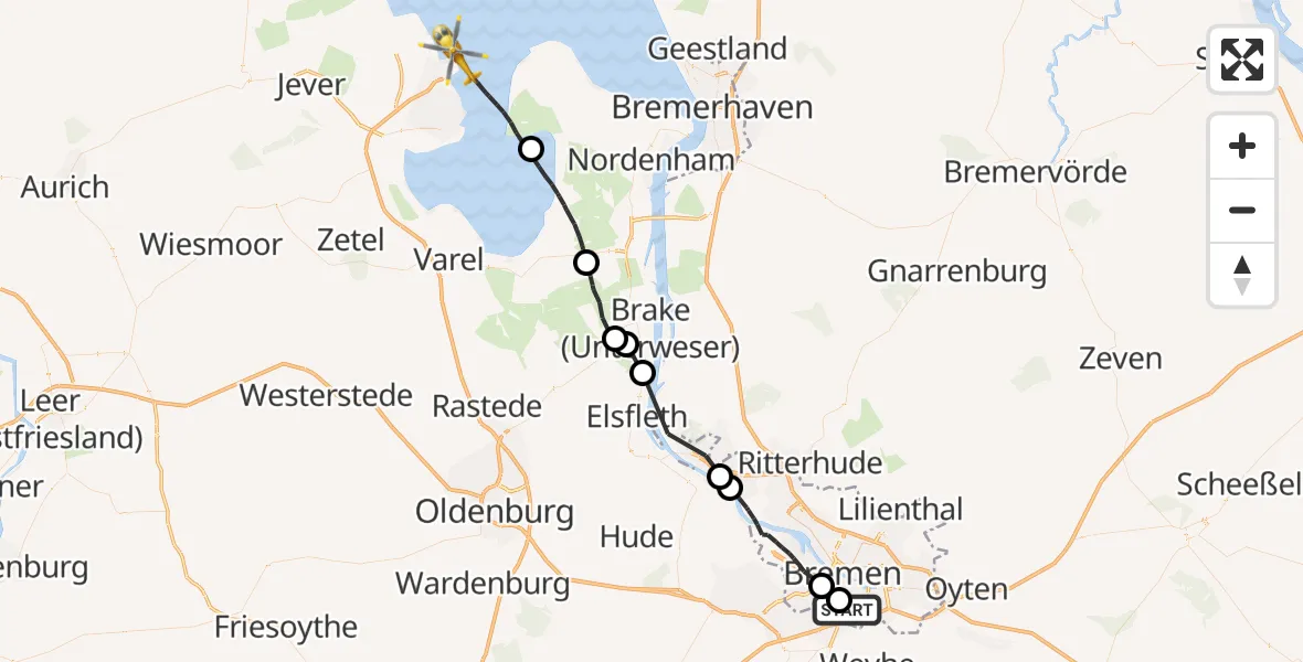 Flugroute Rettungshubschrauber Bremen - Wilhelmshaven, 22 Juni 2026, 12:05
